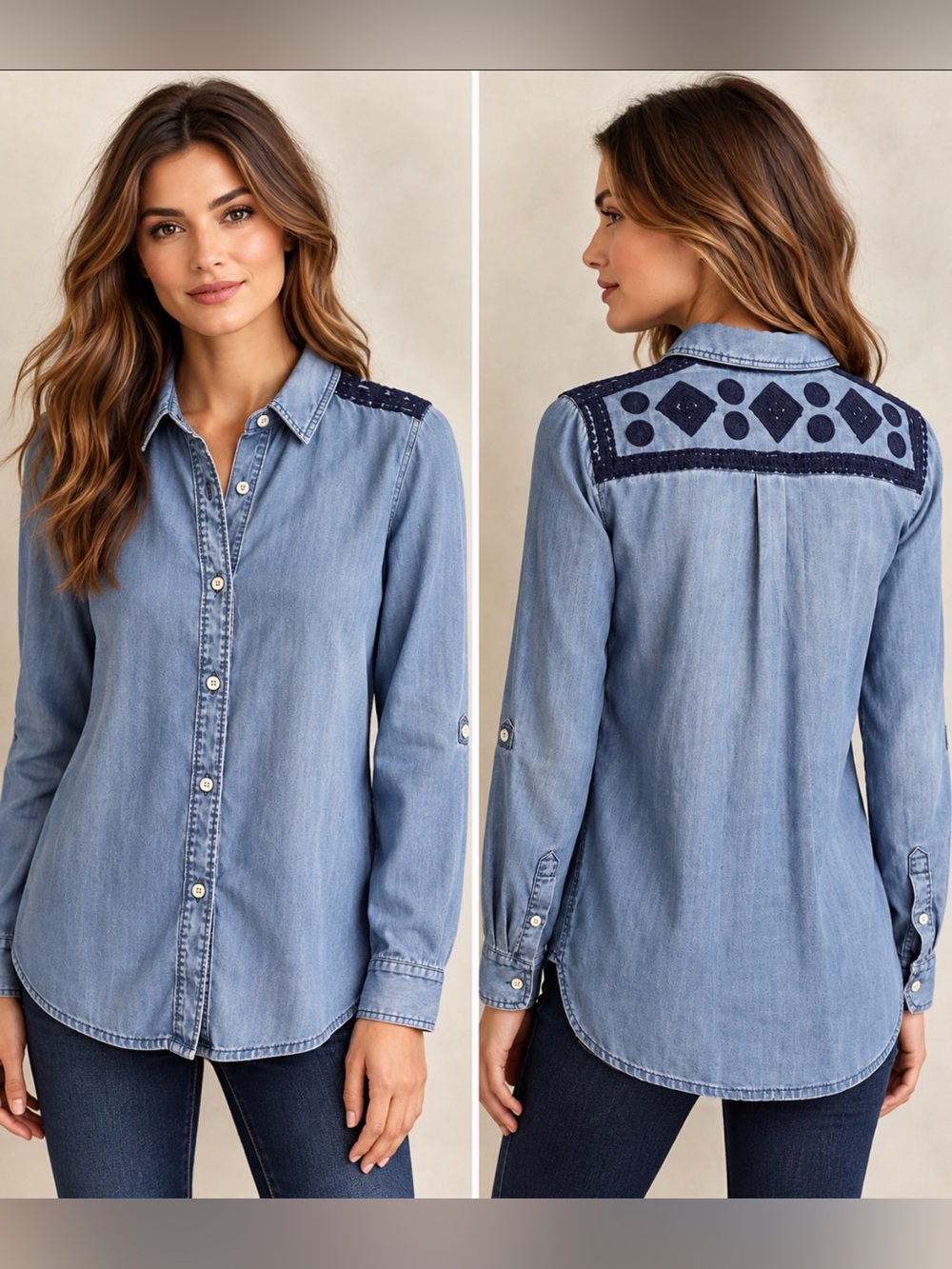 Holding Horses Anthropologie Chambray Blue Embroidered Button Down Shirt XS